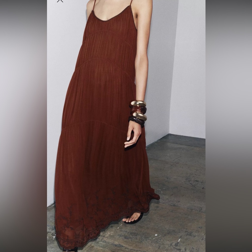 Chestnut Brown Maxi Slip Dress with Delicate Hem Detail